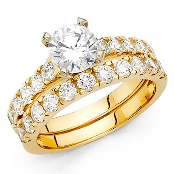 14k White Gold Engagement Ring Wedding Band